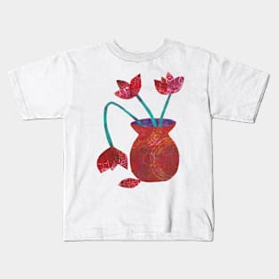 Red tulips in vase mixed media collage Kids T-Shirt